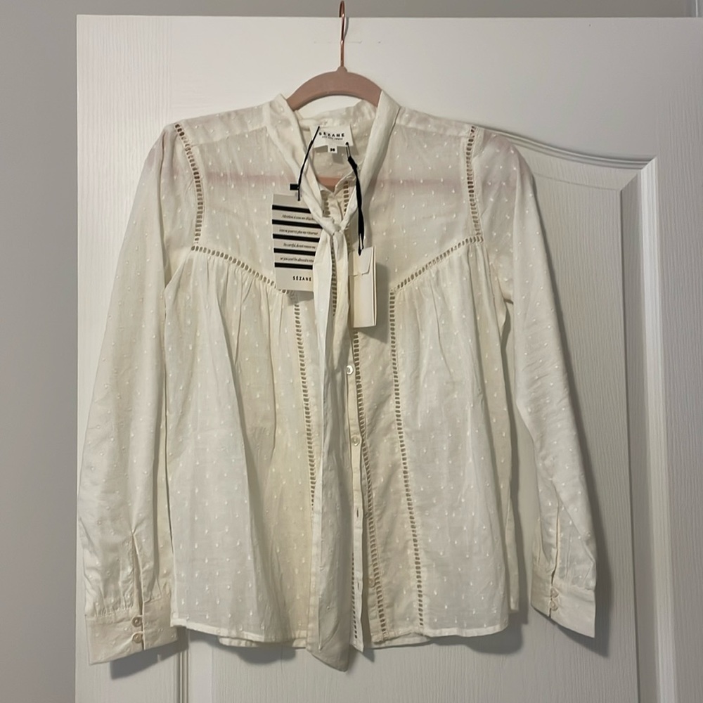NWT Sezane Calista blouse with neck tie in ivory size 36